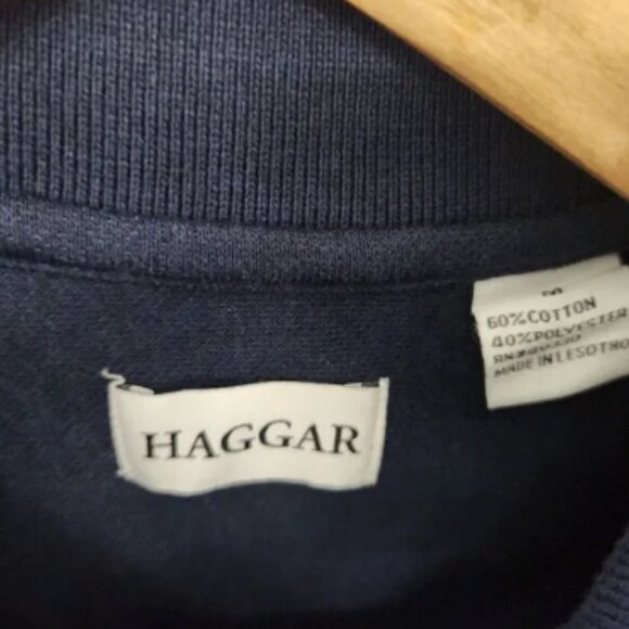 HAGGAR Men's Navy Blue Geometric Polo Long Sleeve Shirt Size M - Picture 2 of 5